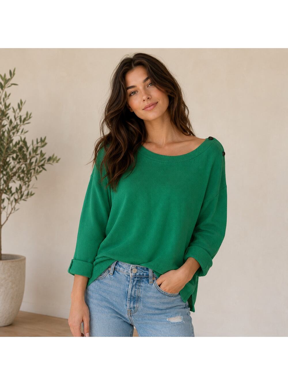 J Jill green long cuffed sleeve top button adorned medium petite